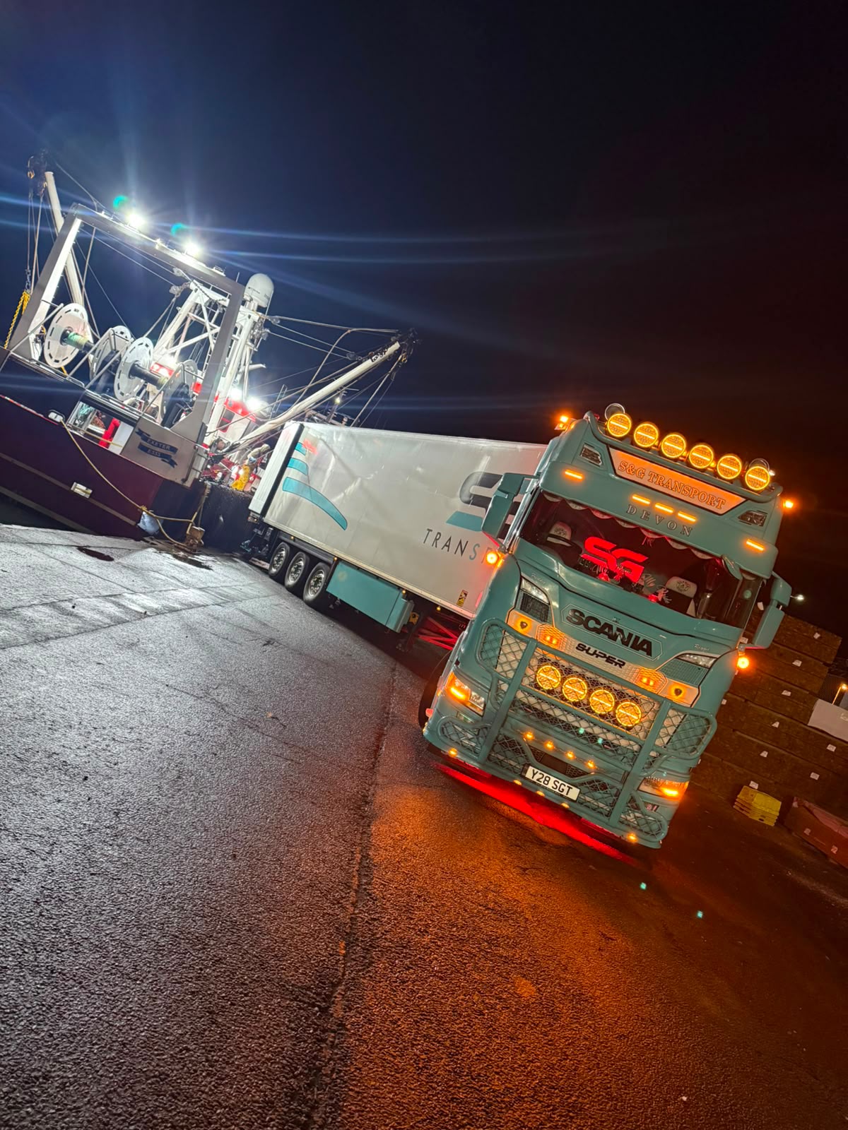 S&G Transport night delivery at a harbour